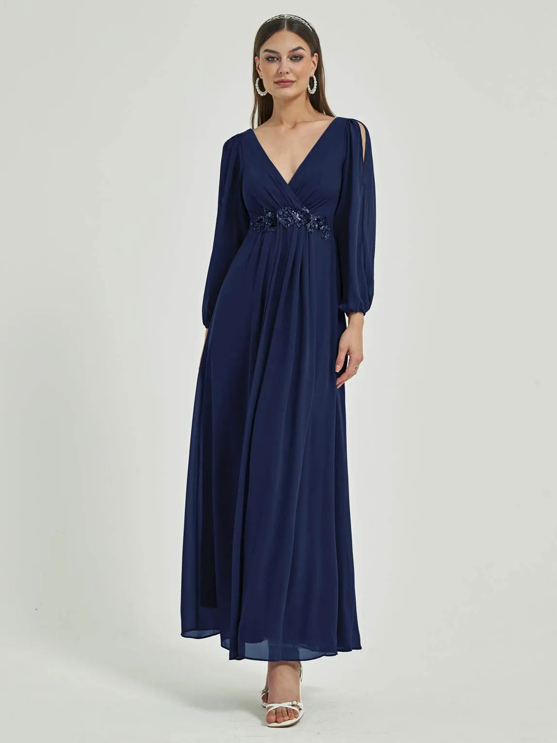 [Final Sale] Navy Blue V-Neck Long Slit Sleeve Pleated Flowy Chiffon Formal Dress