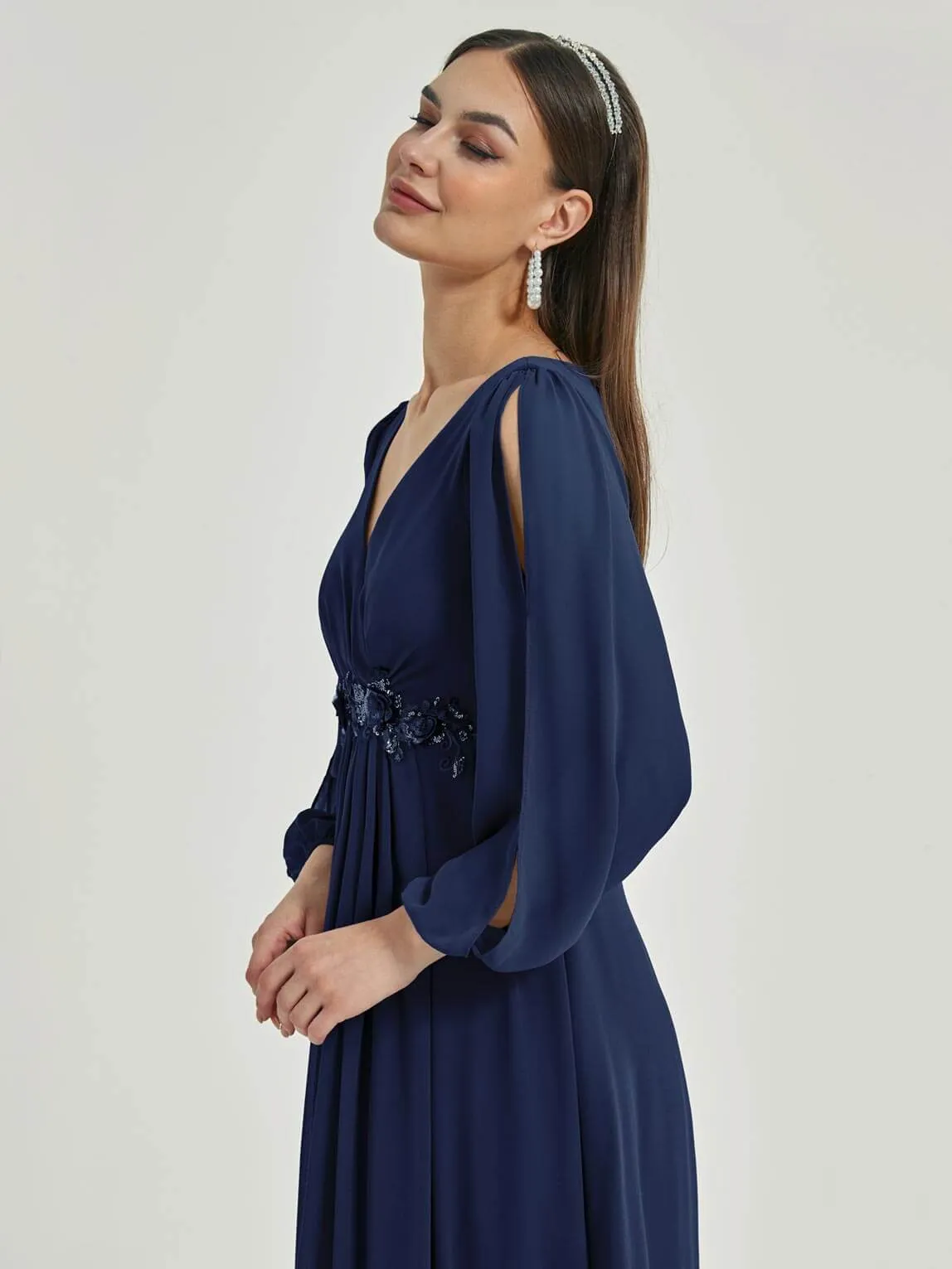 [Final Sale] Navy Blue V-Neck Long Slit Sleeve Pleated Flowy Chiffon Formal Dress