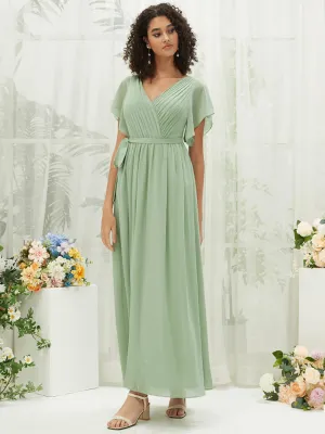 [Final Sale] Sage Green Short Sleeves Floor Length Silky Chiffon Bridesmaid Dress