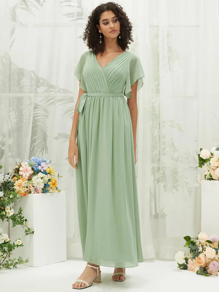 [Final Sale] Sage Green Short Sleeves Floor Length Silky Chiffon Bridesmaid Dress