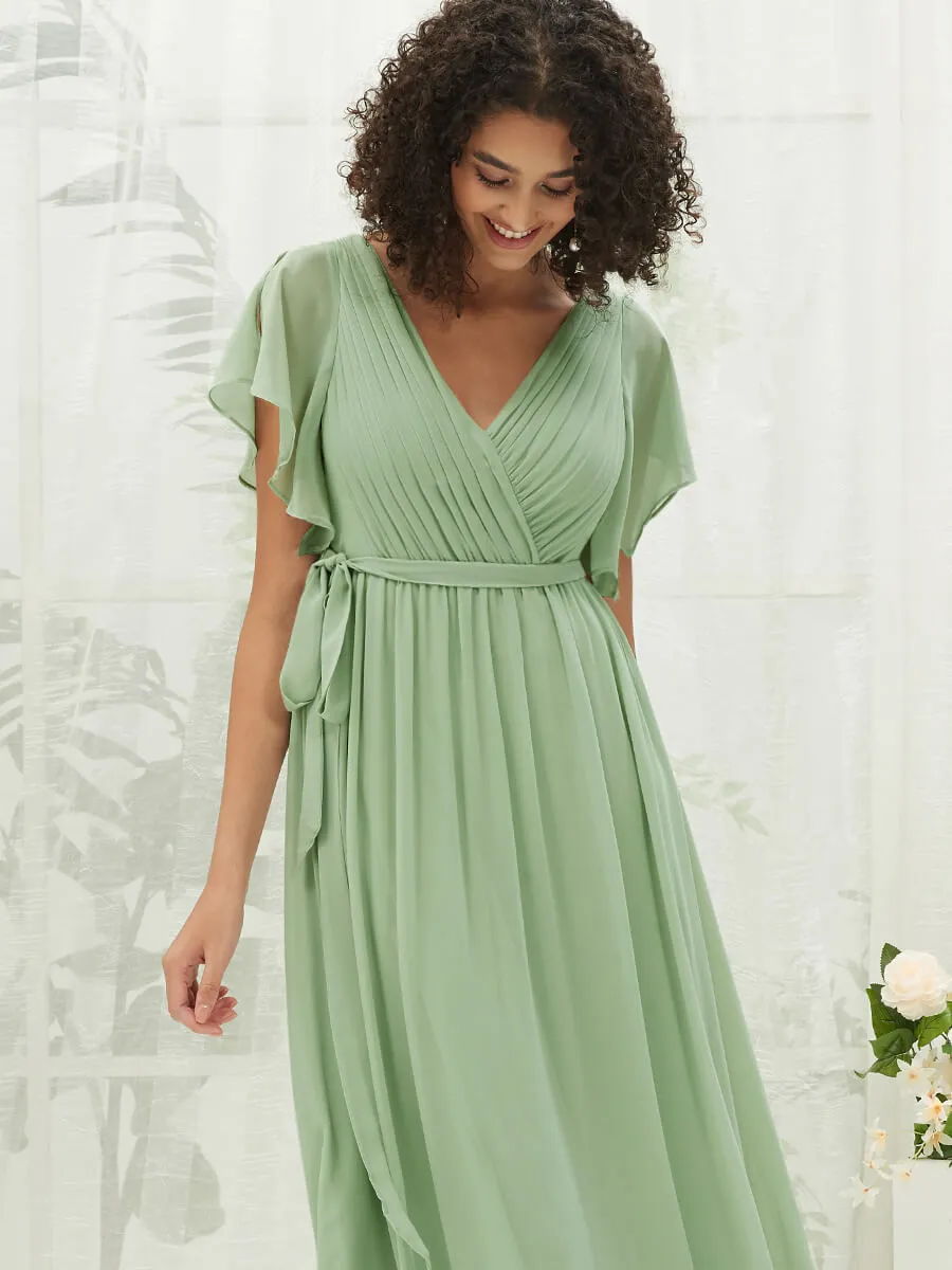 [Final Sale] Sage Green Short Sleeves Floor Length Silky Chiffon Bridesmaid Dress