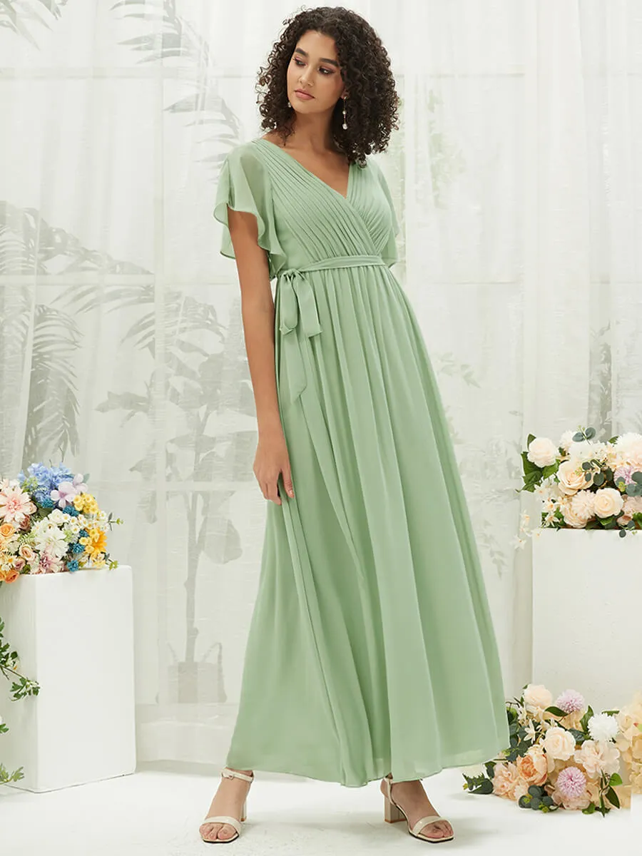 [Final Sale] Sage Green Short Sleeves Floor Length Silky Chiffon Bridesmaid Dress