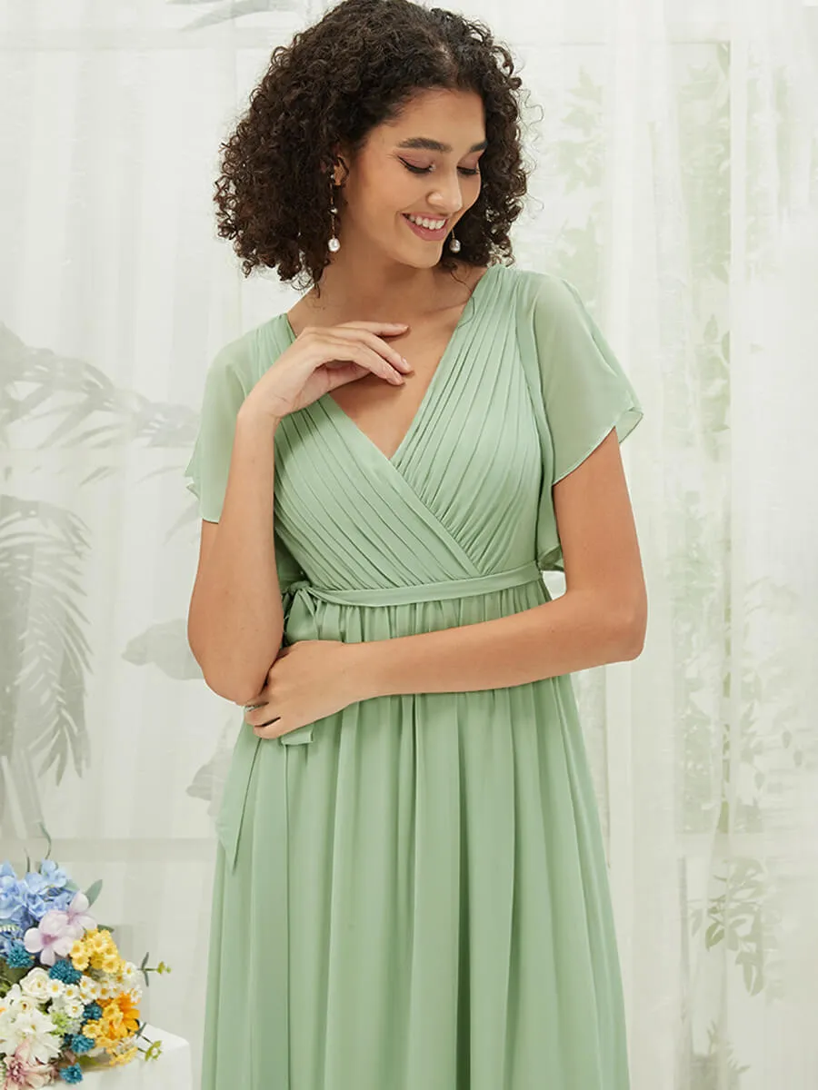 [Final Sale] Sage Green Short Sleeves Floor Length Silky Chiffon Bridesmaid Dress