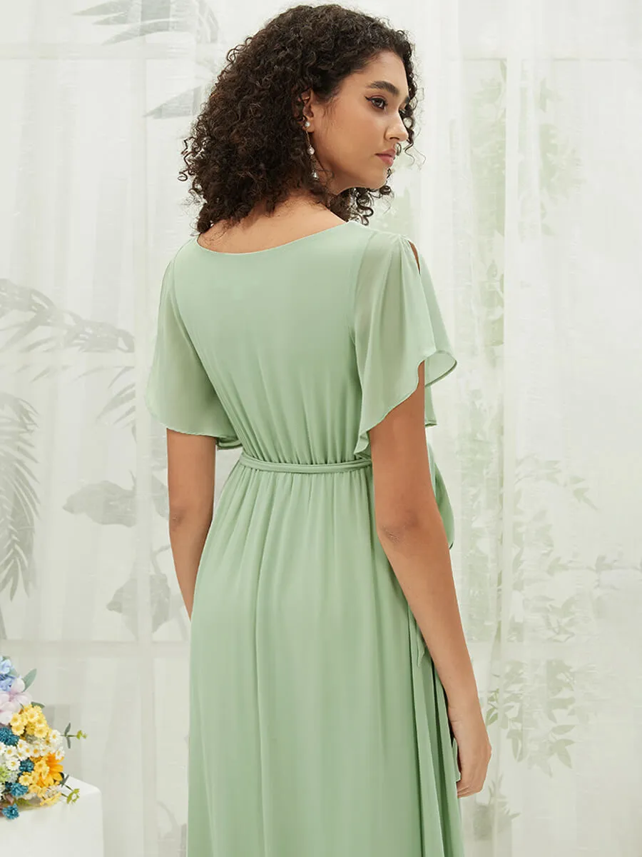 [Final Sale] Sage Green Short Sleeves Floor Length Silky Chiffon Bridesmaid Dress