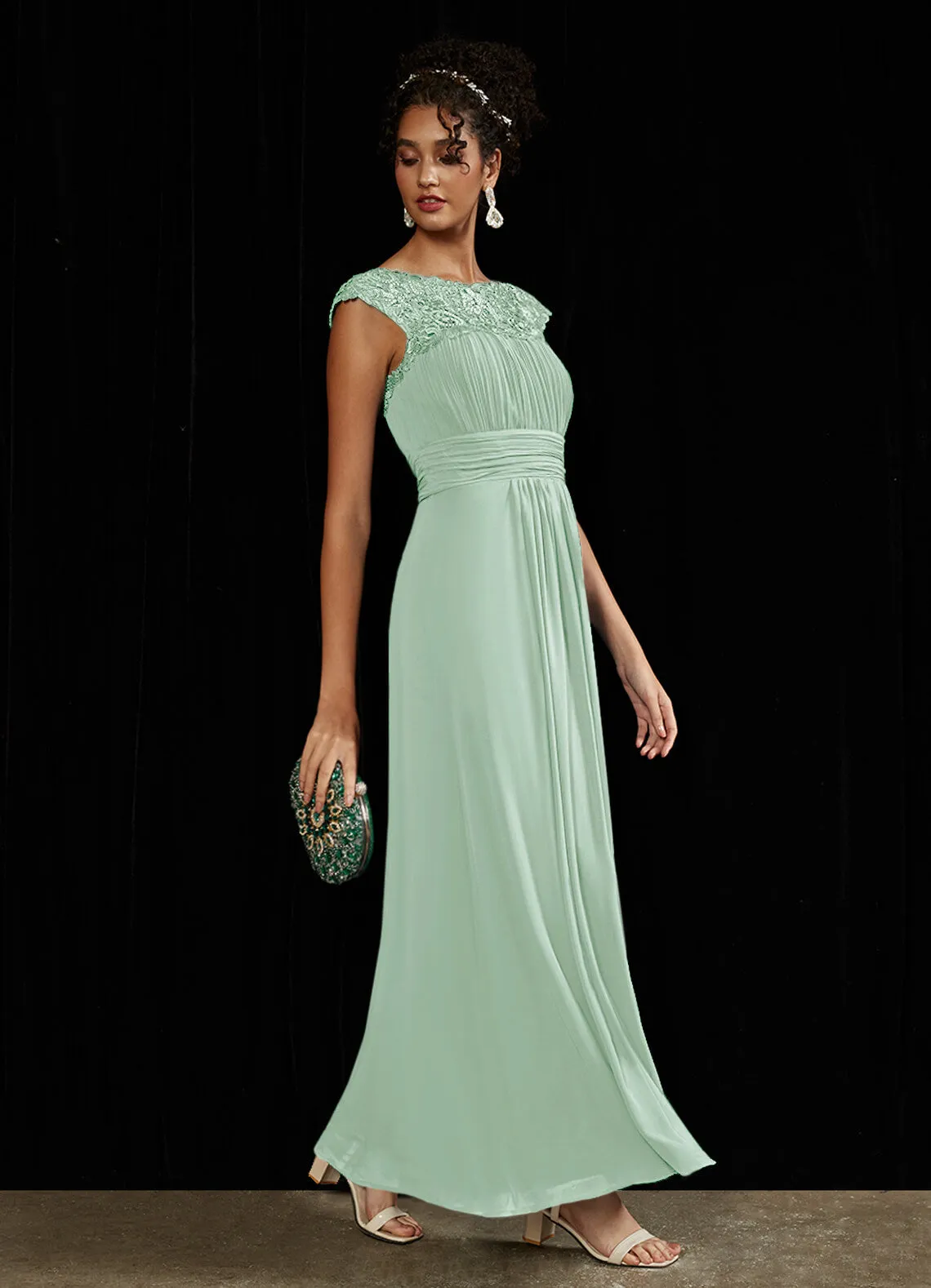 [Final Sale] Sage Lace Open Back Floor Length Silky Chiffon Formal Evening Mother Dress