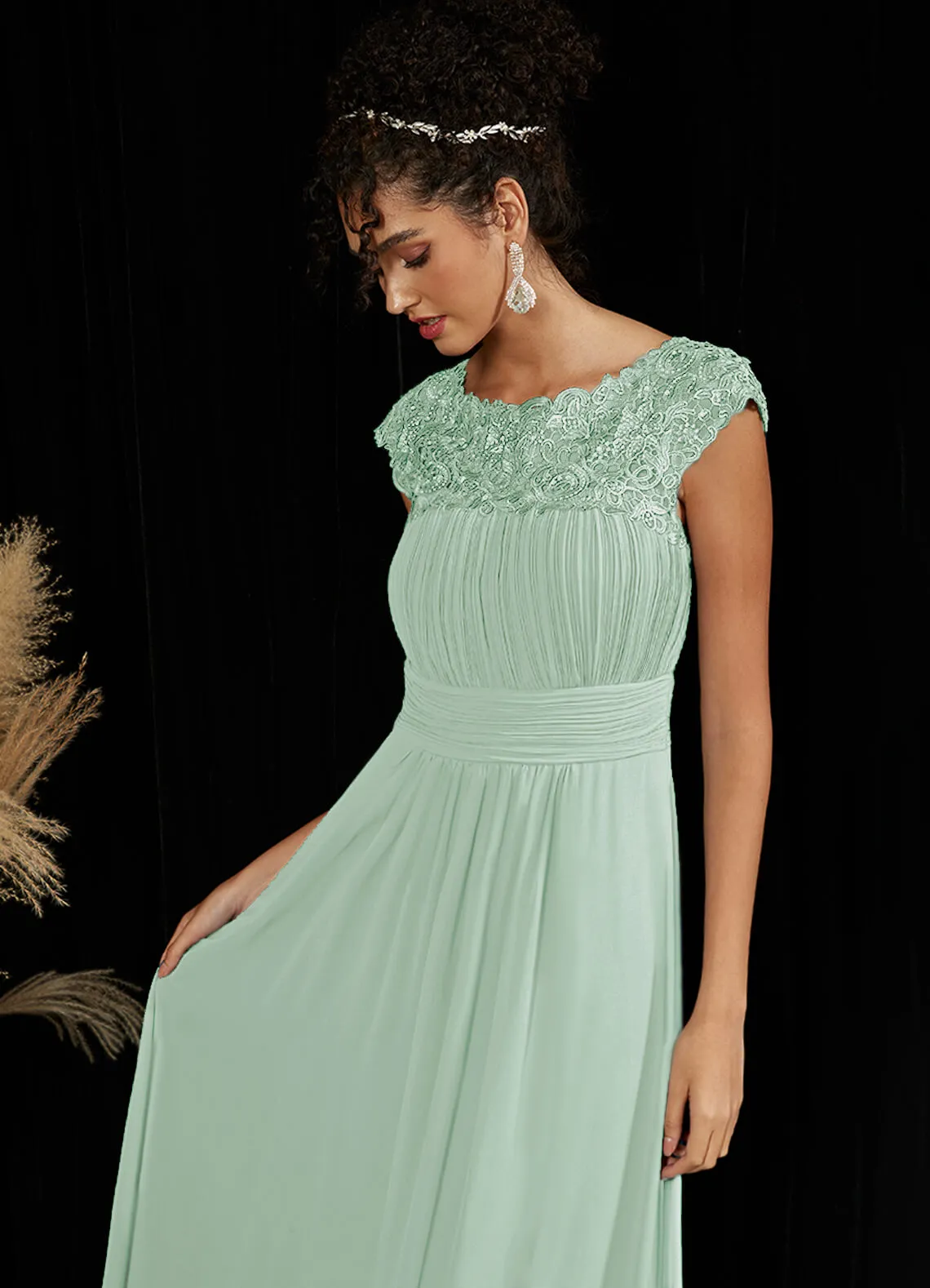 [Final Sale] Sage Lace Open Back Floor Length Silky Chiffon Formal Evening Mother Dress