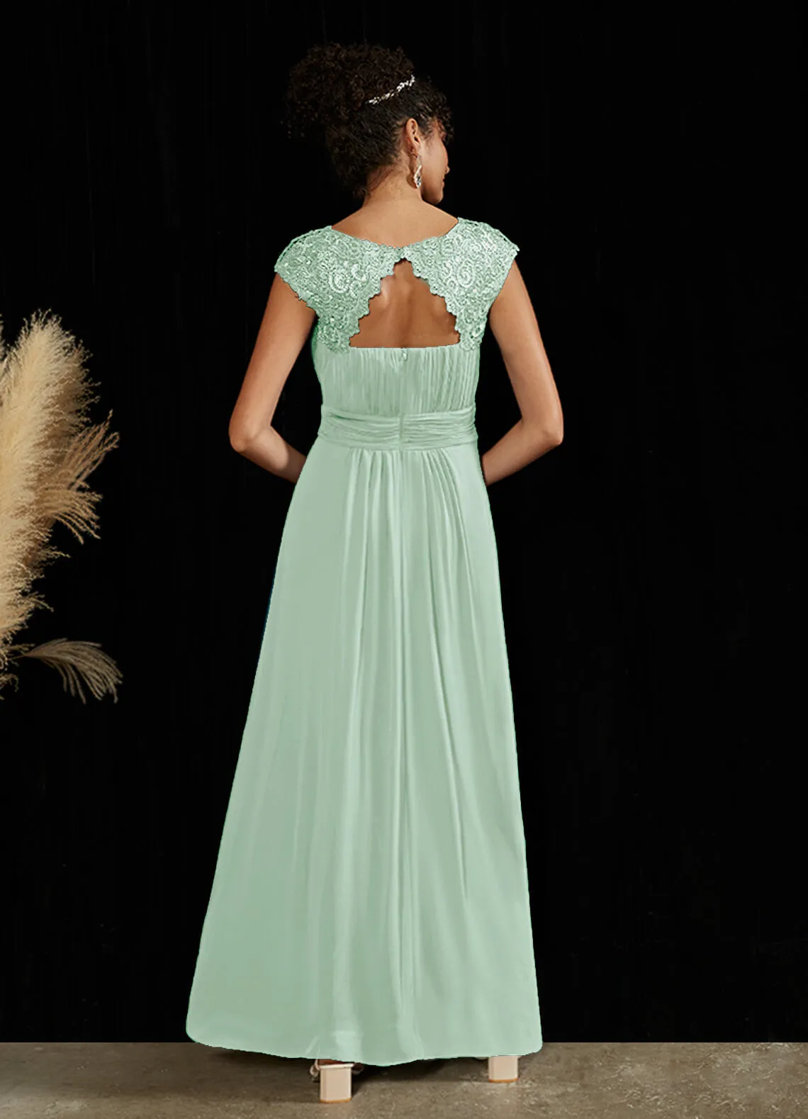 [Final Sale] Sage Lace Open Back Floor Length Silky Chiffon Formal Evening Mother Dress