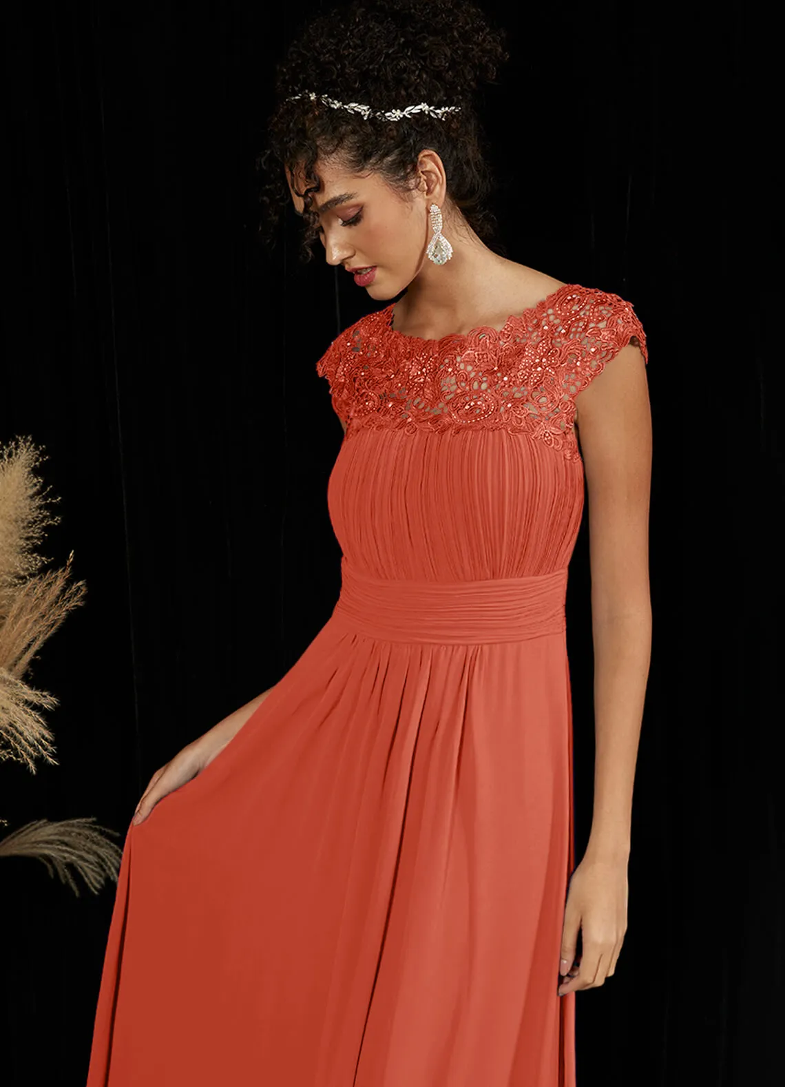 [Final Sale] Terracotta Lace Open Back Floor Length Silky Chiffon Formal Evening Mother Dress