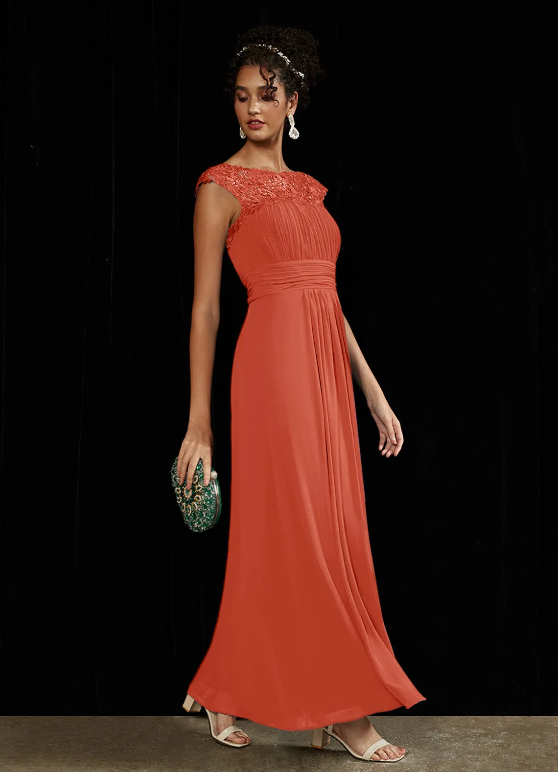 [Final Sale] Terracotta Lace Open Back Floor Length Silky Chiffon Formal Evening Mother Dress