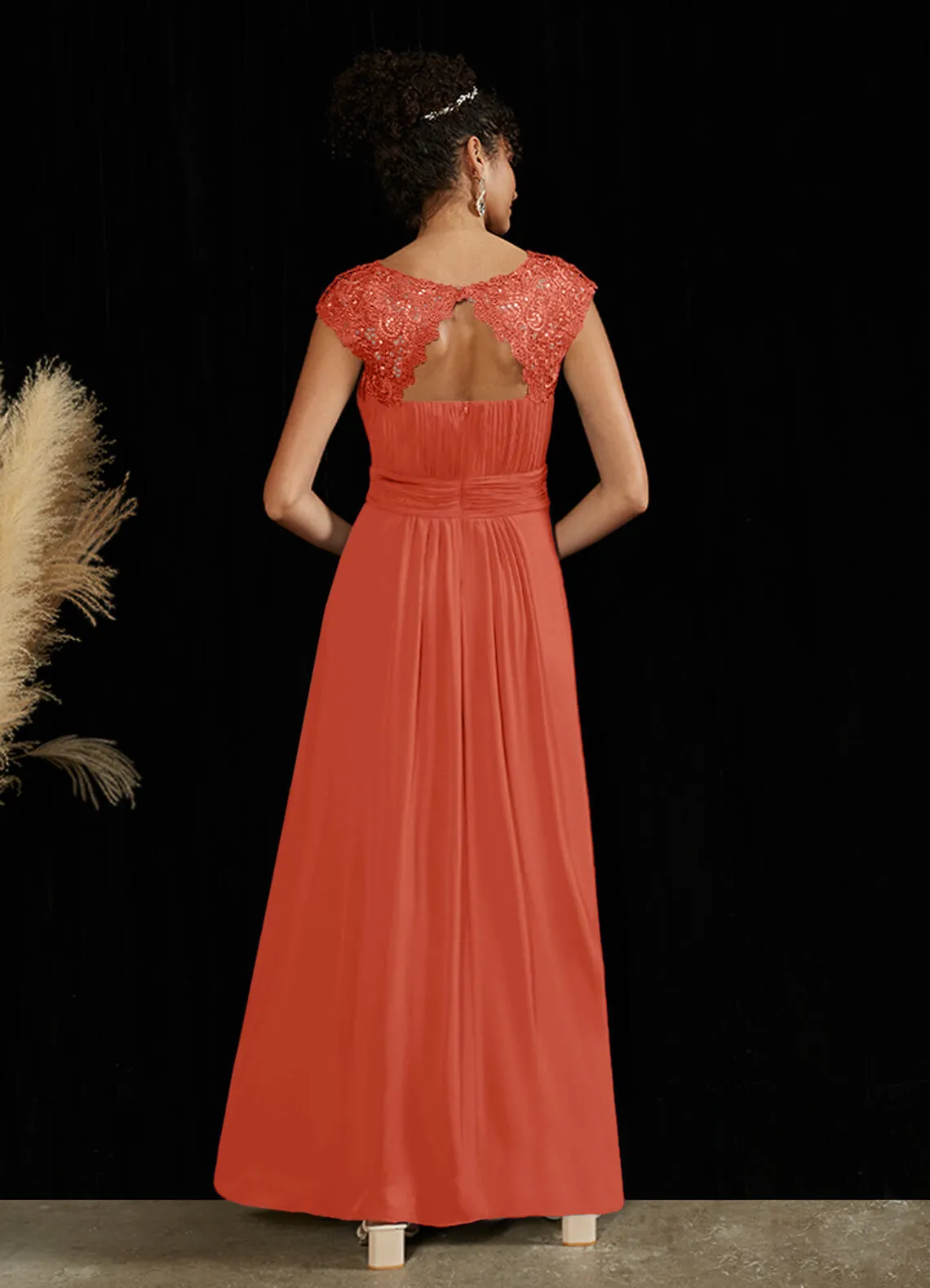 [Final Sale] Terracotta Lace Open Back Floor Length Silky Chiffon Formal Evening Mother Dress