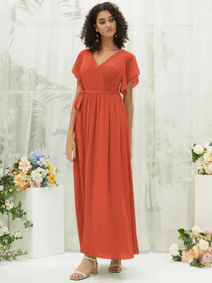 [Final Sale] Terracotta Short Sleeves Floor Length Silky Chiffon Bridesmaid Dress
