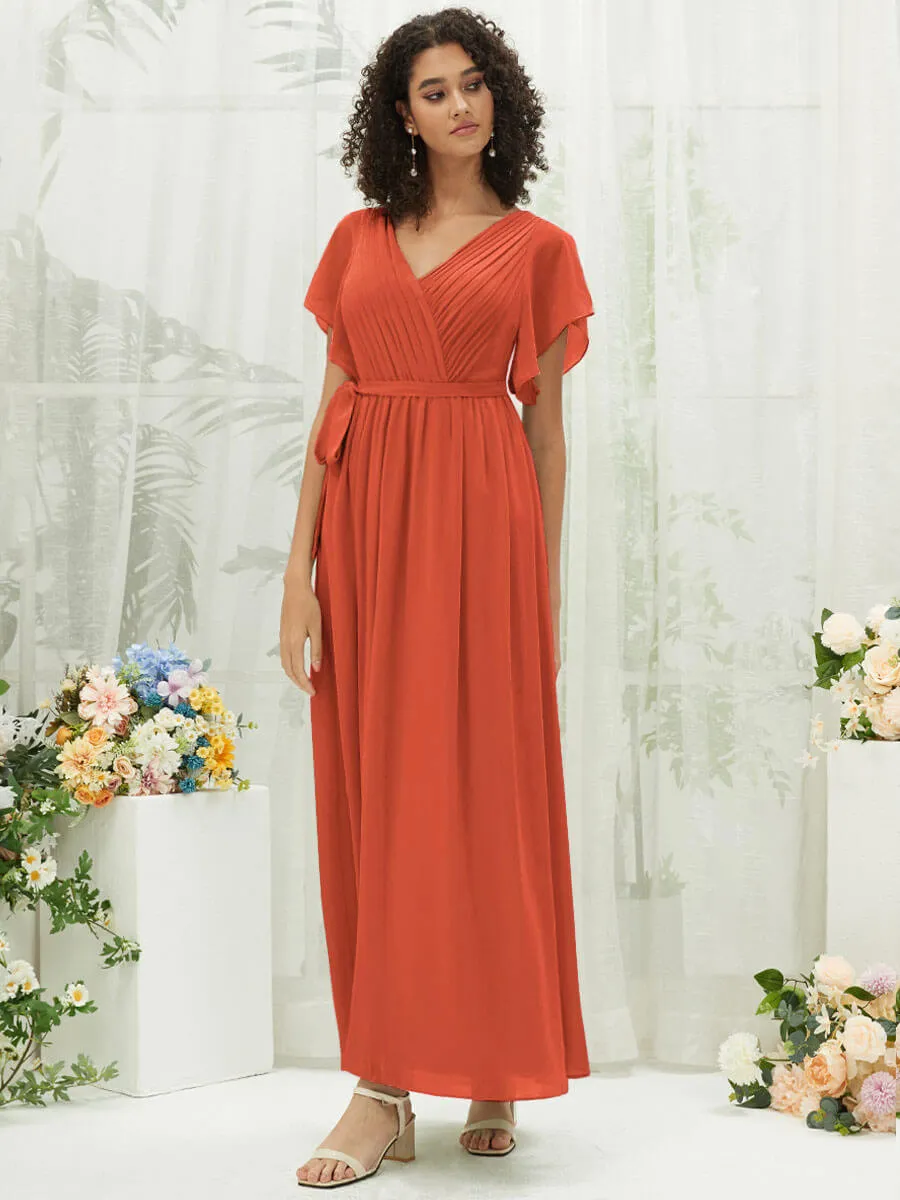 [Final Sale] Terracotta Short Sleeves Floor Length Silky Chiffon Bridesmaid Dress