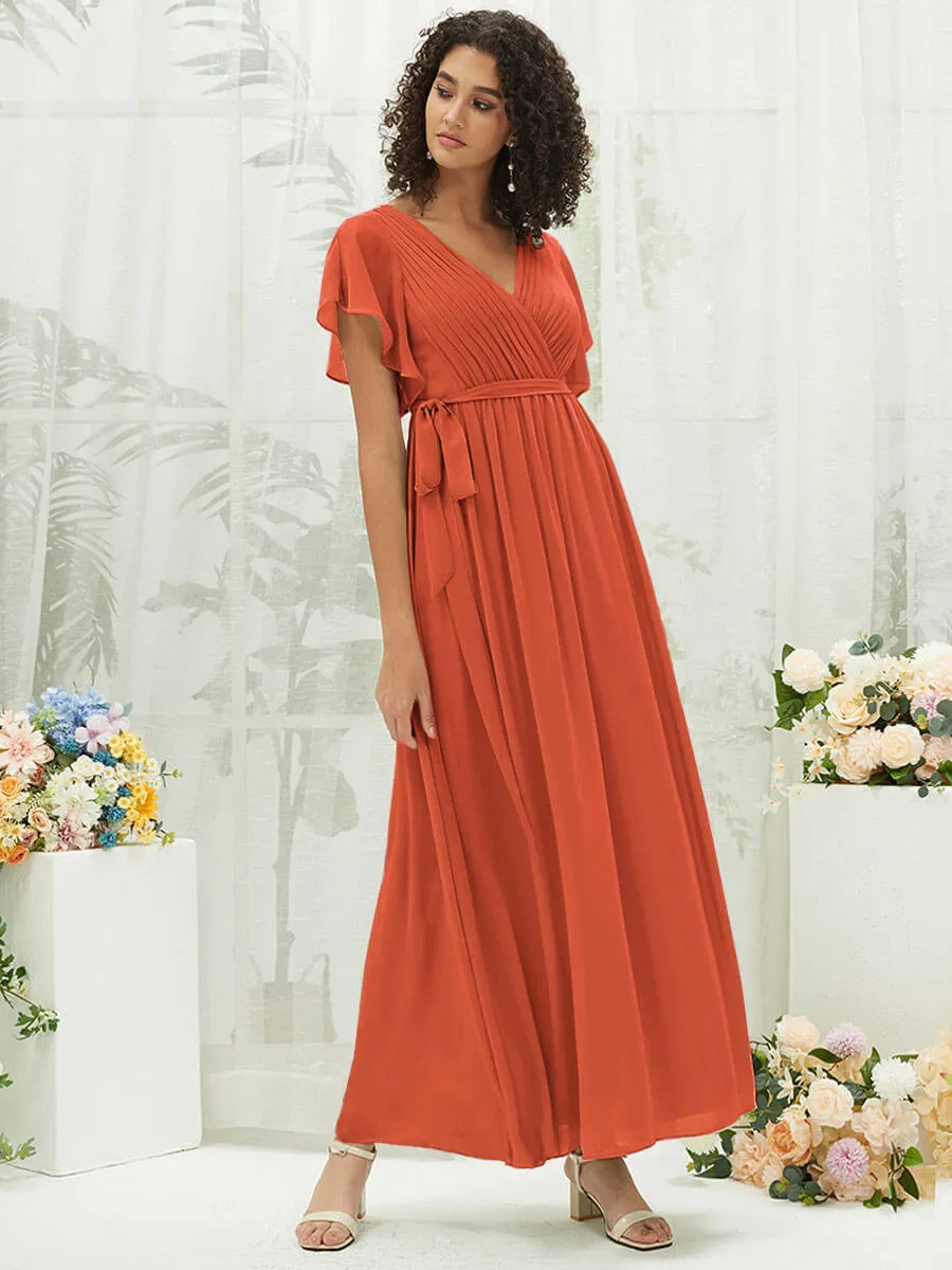 [Final Sale] Terracotta Short Sleeves Floor Length Silky Chiffon Bridesmaid Dress