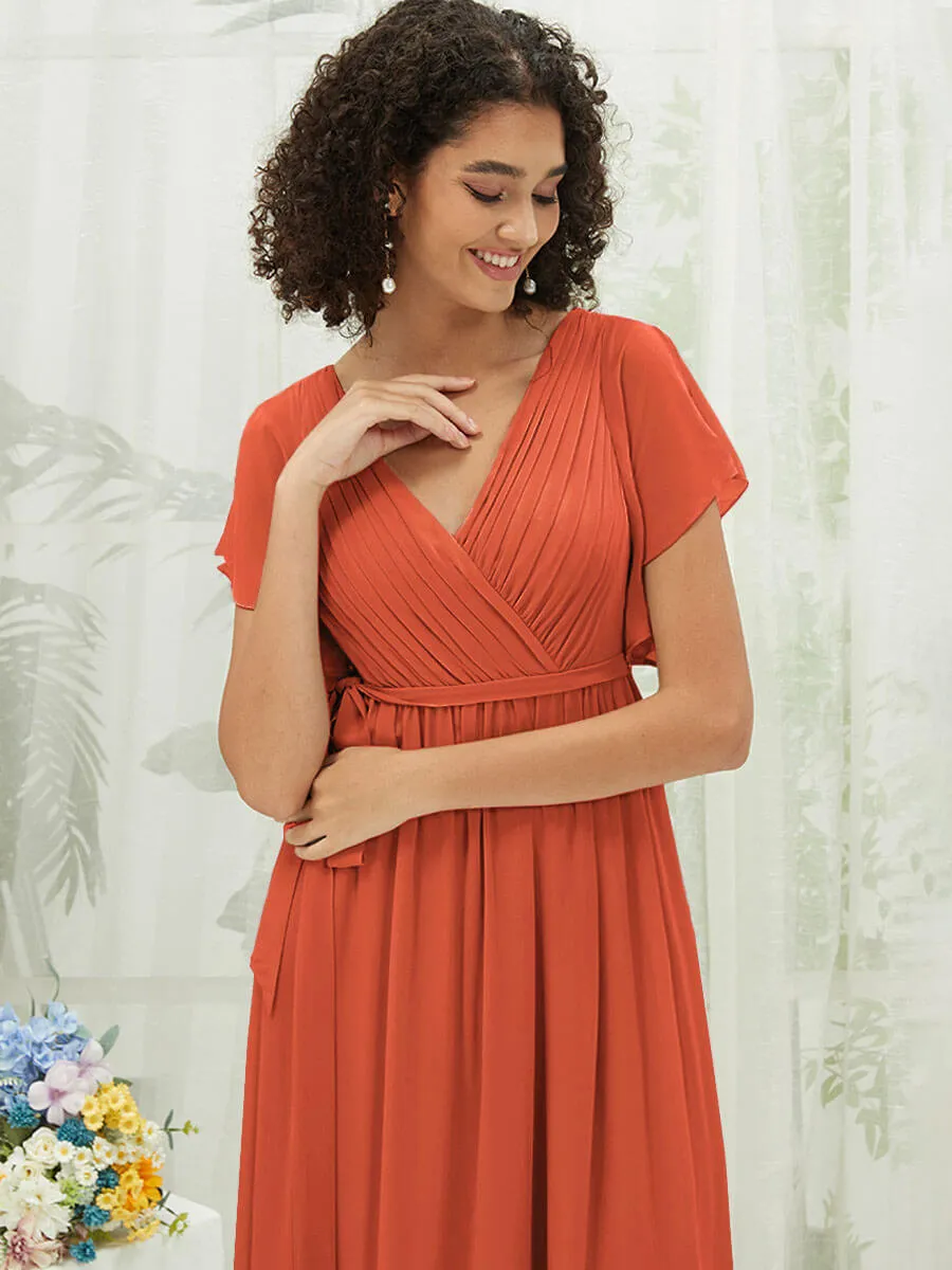 [Final Sale] Terracotta Short Sleeves Floor Length Silky Chiffon Bridesmaid Dress