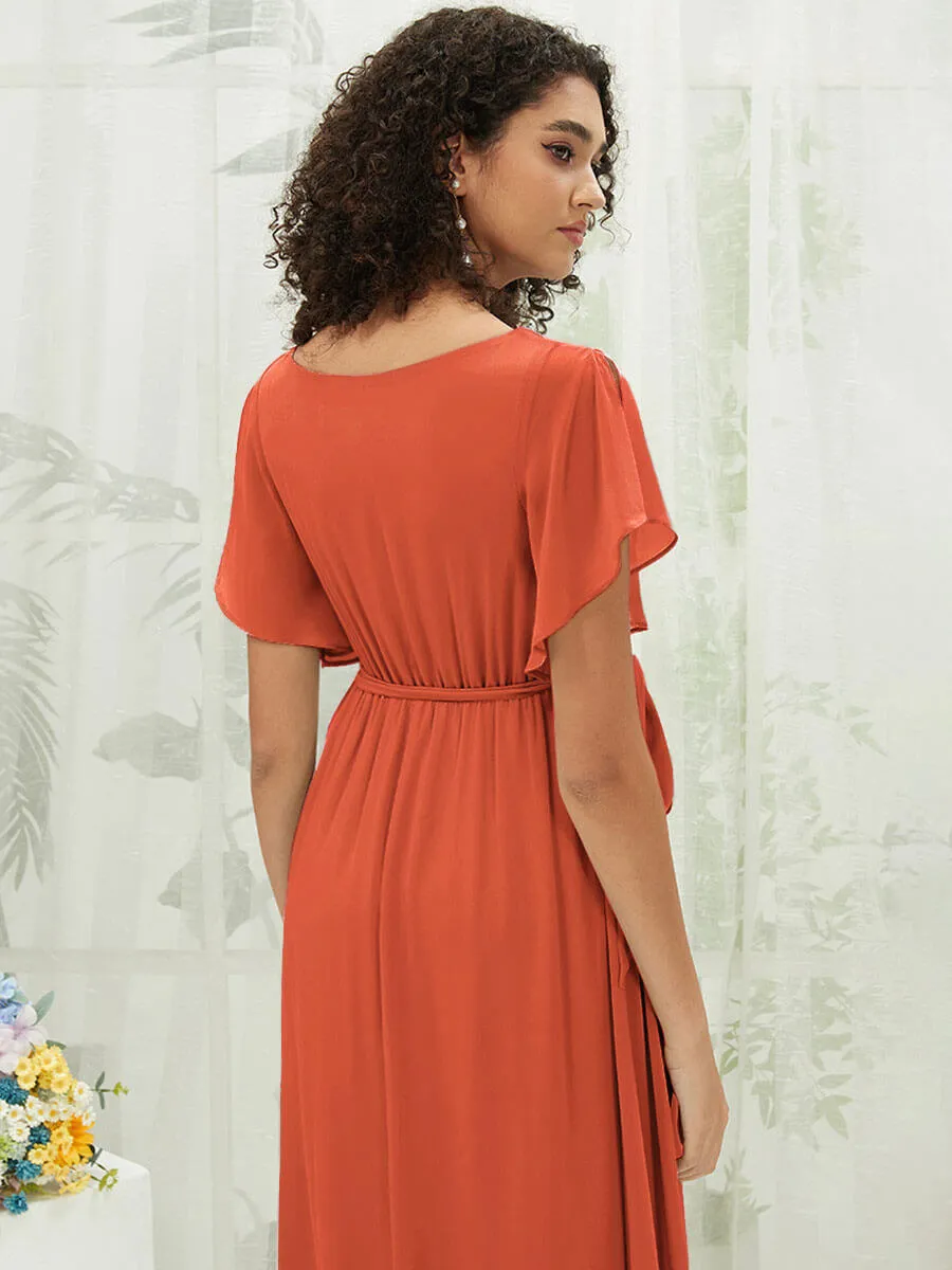 [Final Sale] Terracotta Short Sleeves Floor Length Silky Chiffon Bridesmaid Dress
