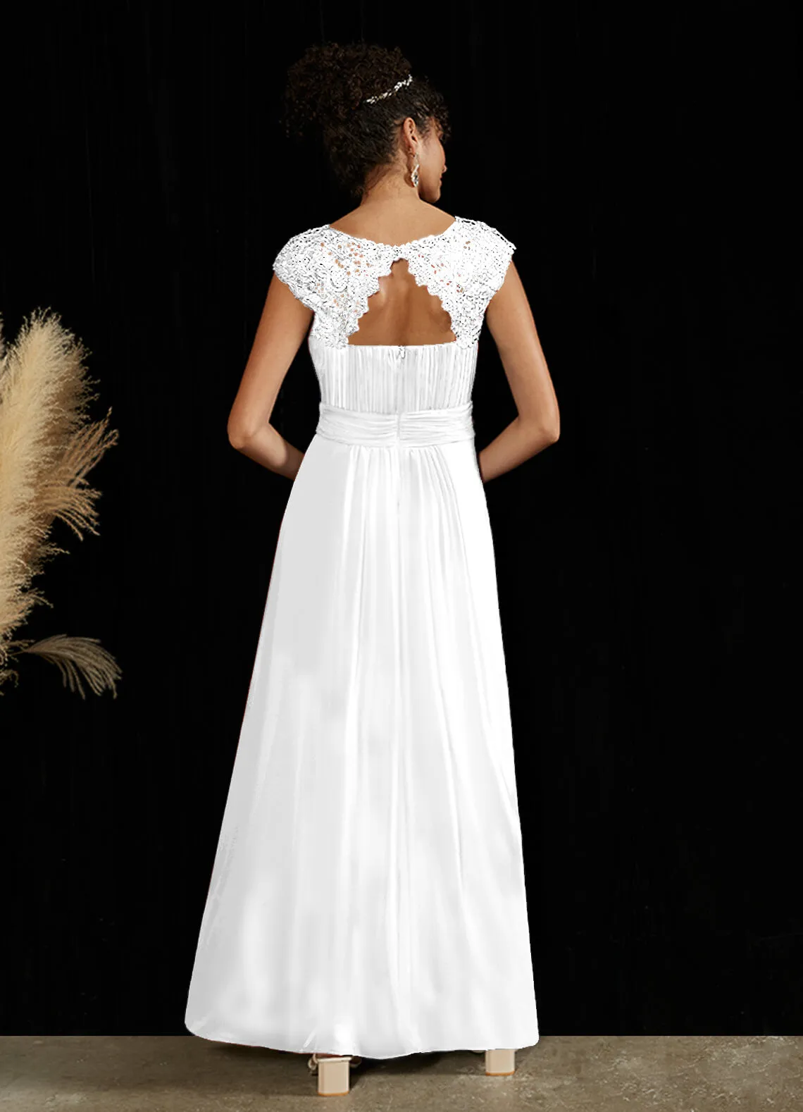 [Final Sale] White Lace Open Back Floor Length Silky Chiffon Formal Evening Mother Dress