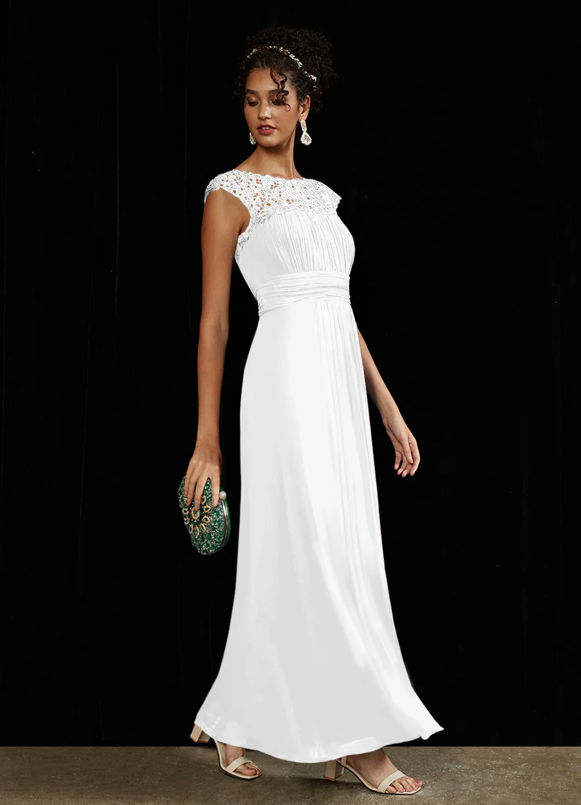 [Final Sale] White Lace Open Back Floor Length Silky Chiffon Formal Evening Mother Dress