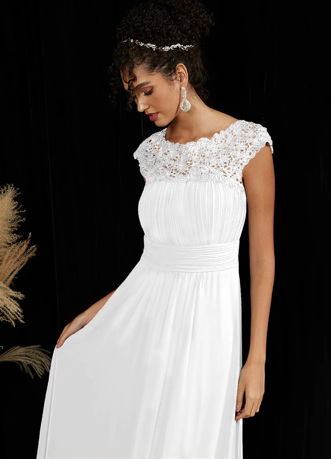 [Final Sale] White Lace Open Back Floor Length Silky Chiffon Formal Evening Mother Dress