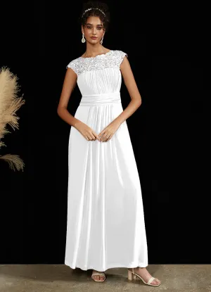 [Final Sale] White Lace Open Back Floor Length Silky Chiffon Formal Evening Mother Dress