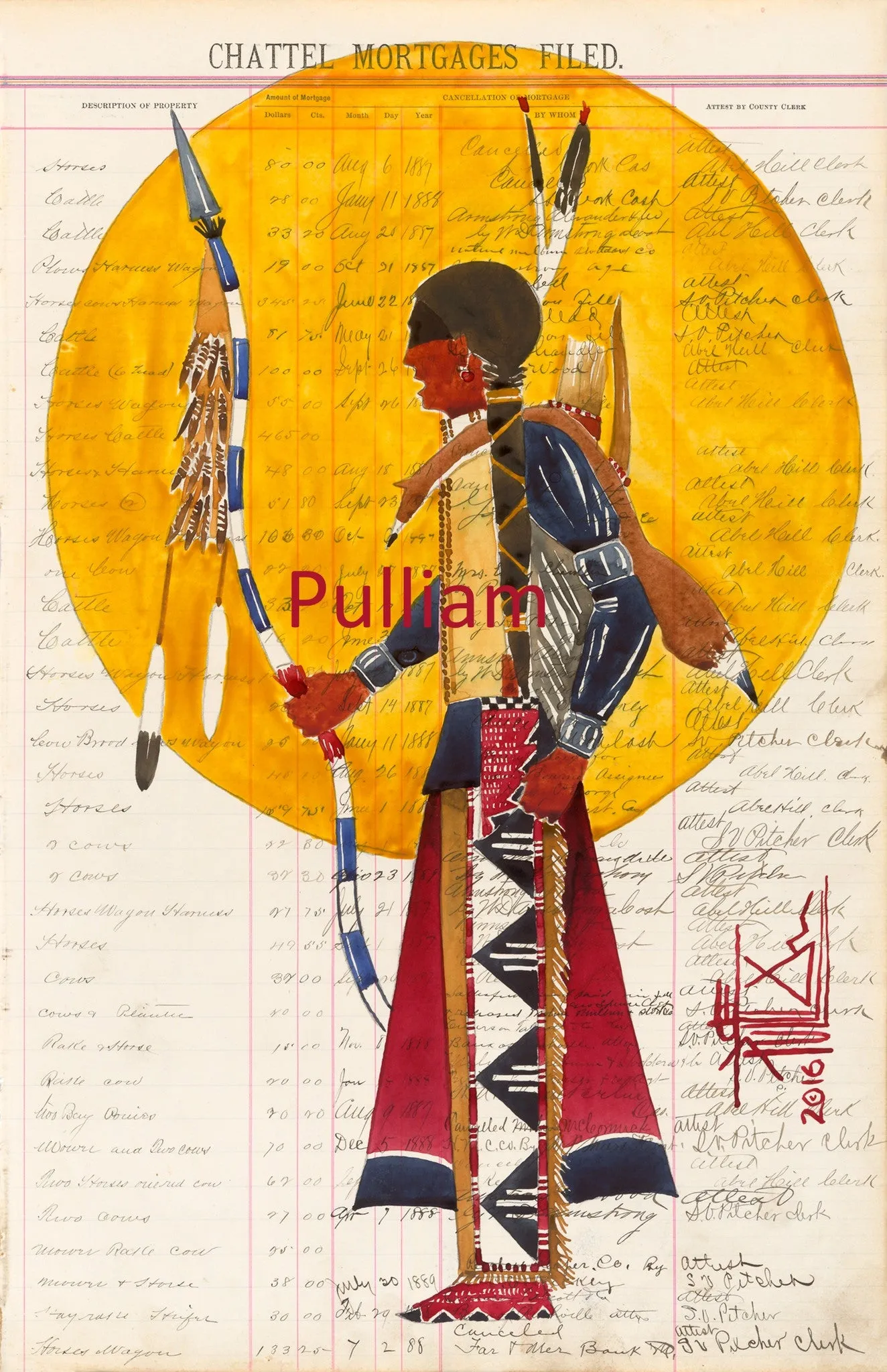 (FIne Art Print) Watercolor on Antique Ledger Paper ~ Tokala Bowlance Bearer