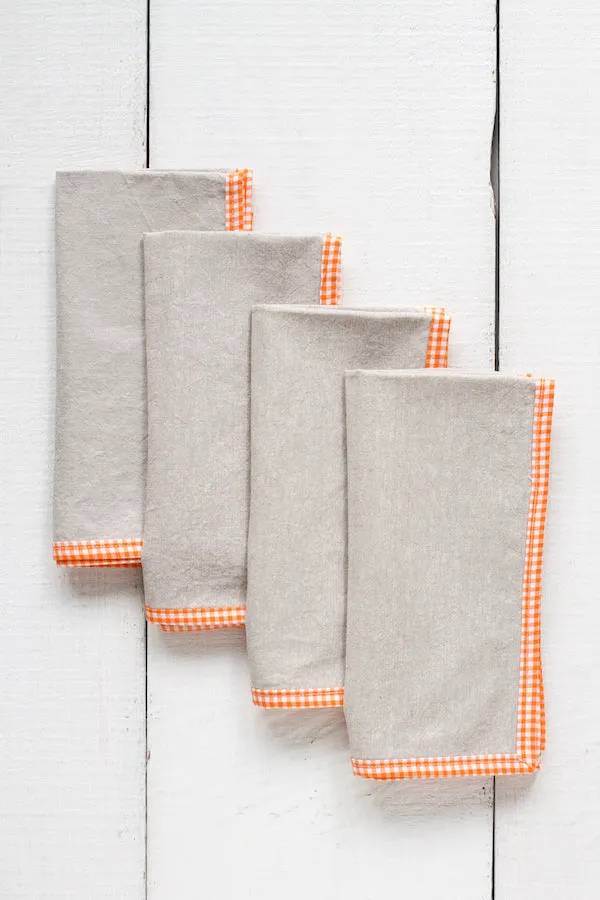 FRENCH PICNIC LINEN NAPKIN SET (ORANGE GINGHAM)