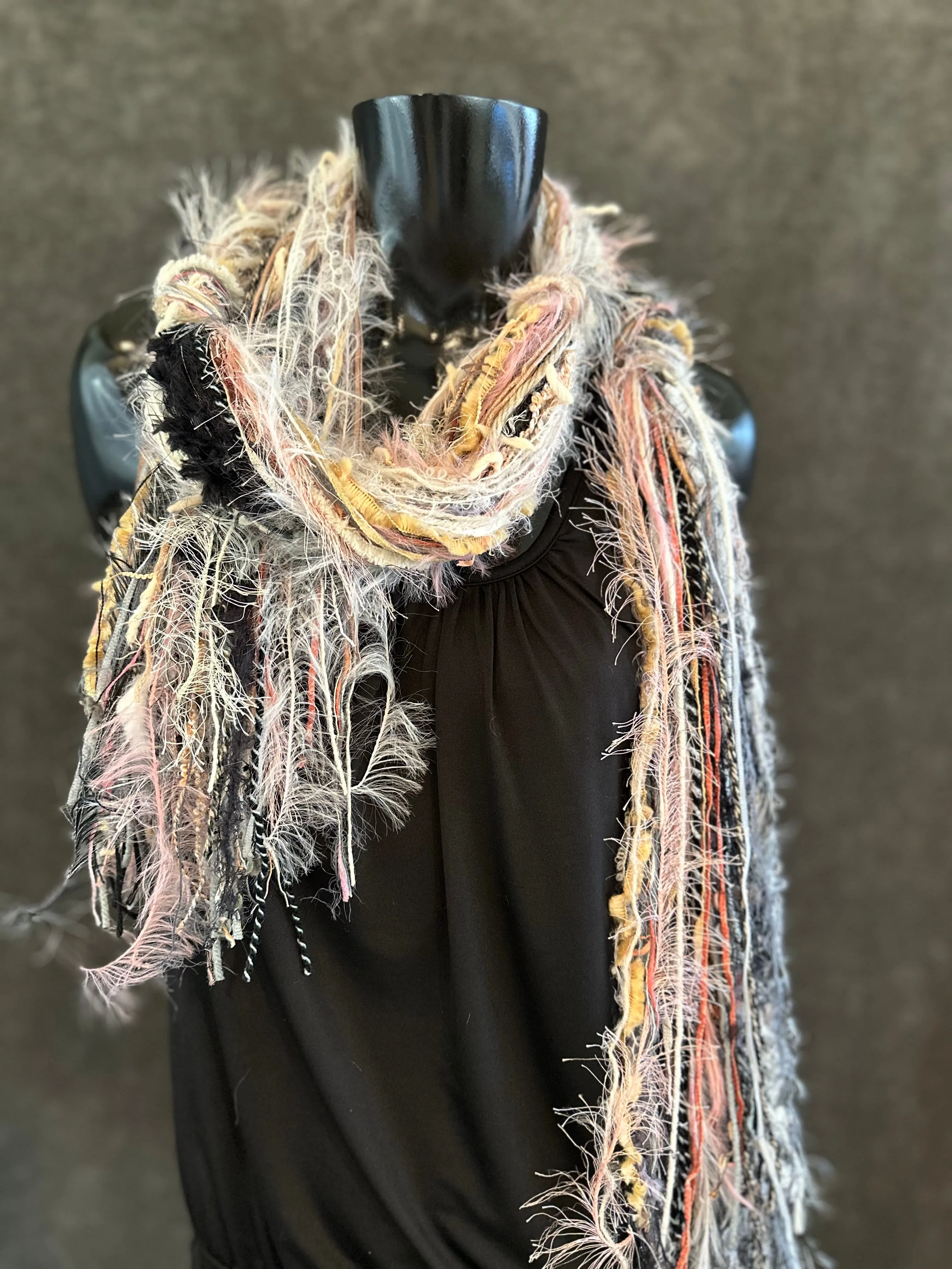 Fringie Yarn Scarf in cream pink black, boho fashion