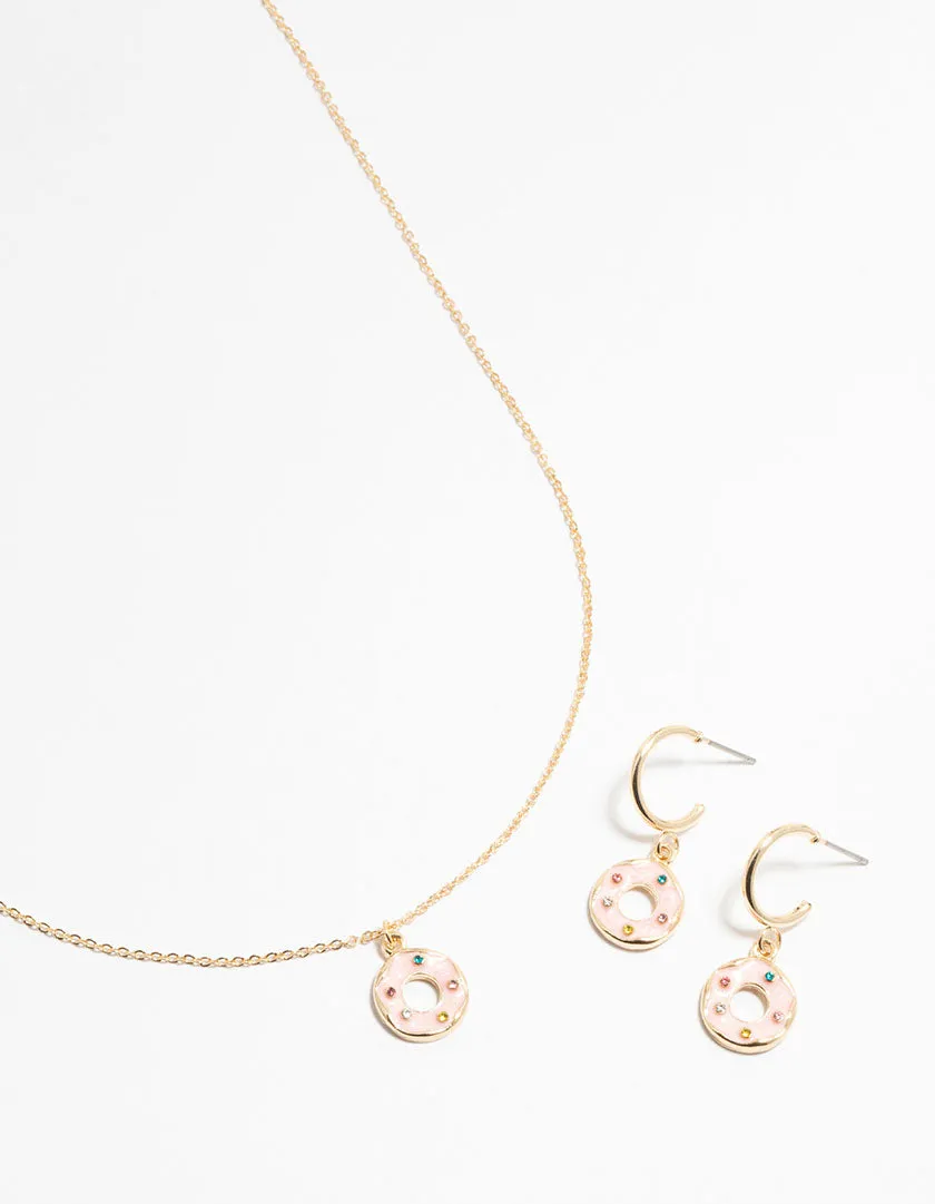 Gold Enamel Donut Necklace & Earrings Set