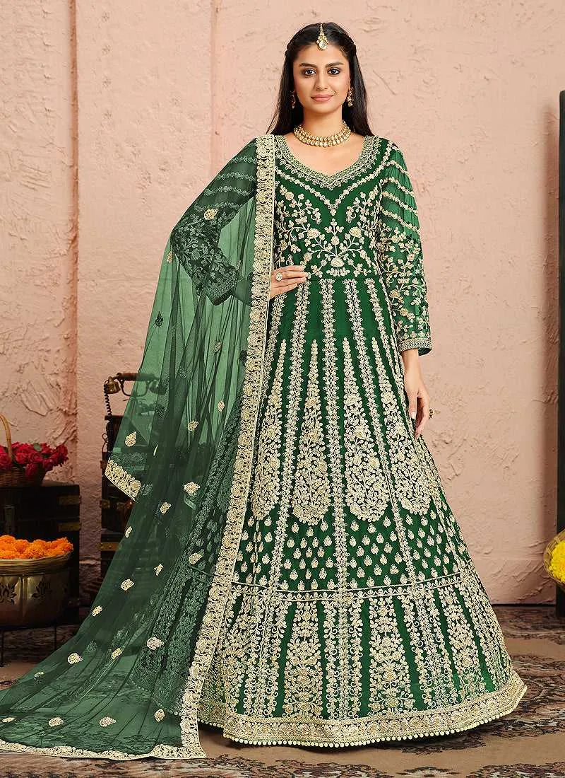 Green and Gold Heavy Embroidered Kalidar Anarkali Suit