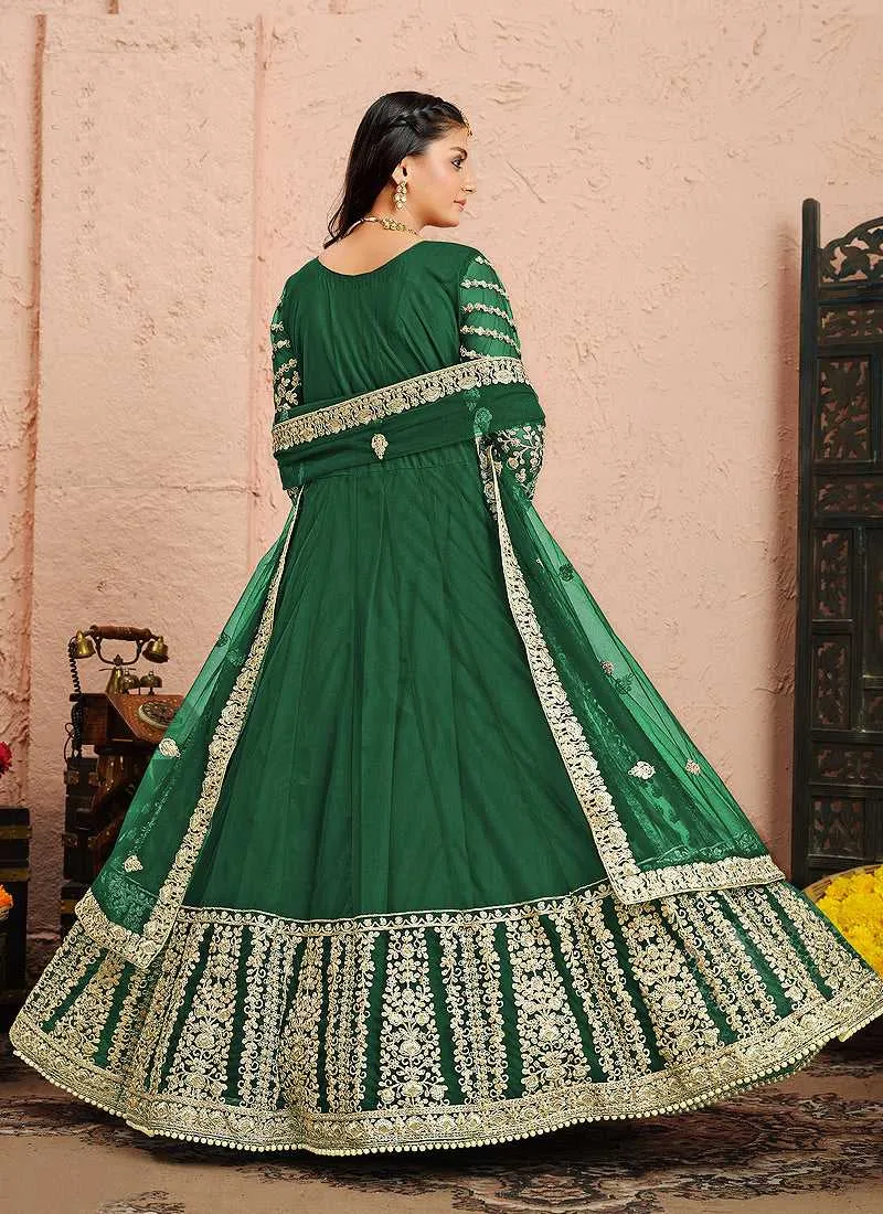 Green and Gold Heavy Embroidered Kalidar Anarkali Suit