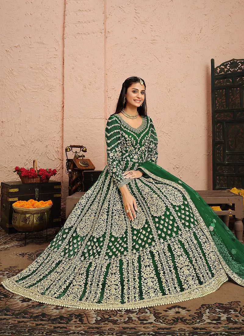 Green and Gold Heavy Embroidered Kalidar Anarkali Suit