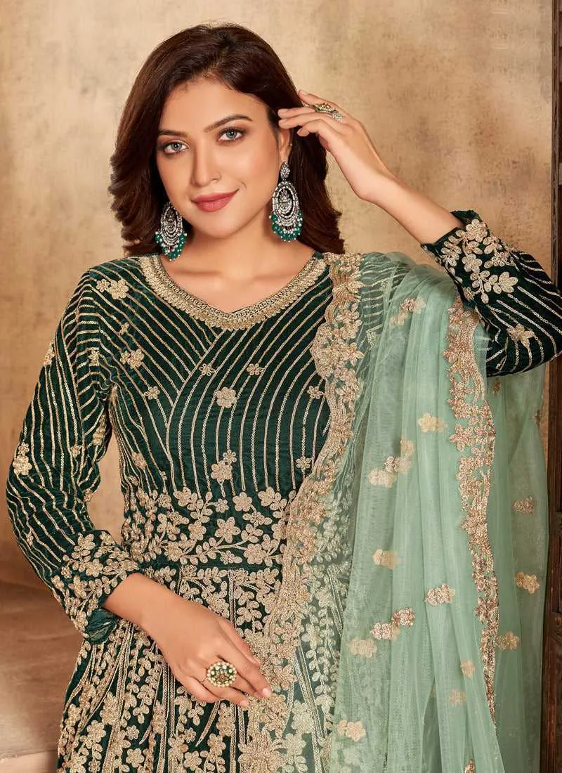 Green Heavy Embroidered Kalidar Velvet Anarkali Suit