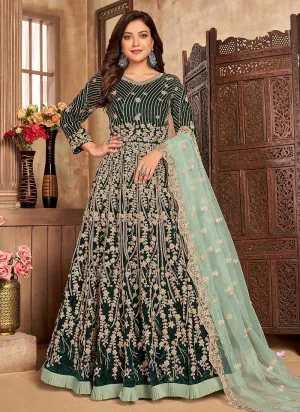 Green Heavy Embroidered Kalidar Velvet Anarkali Suit