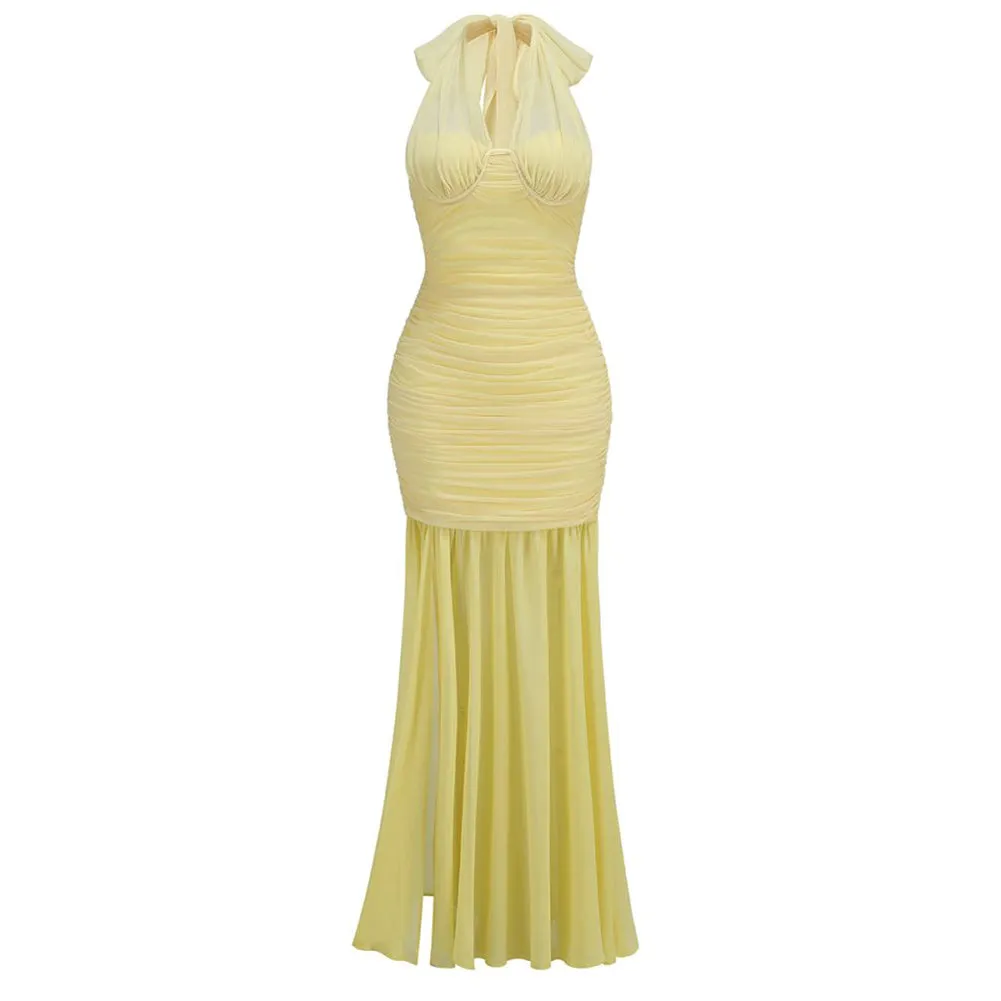 Halter Sleeveless Ruched Maxi Dress ZNSBA785