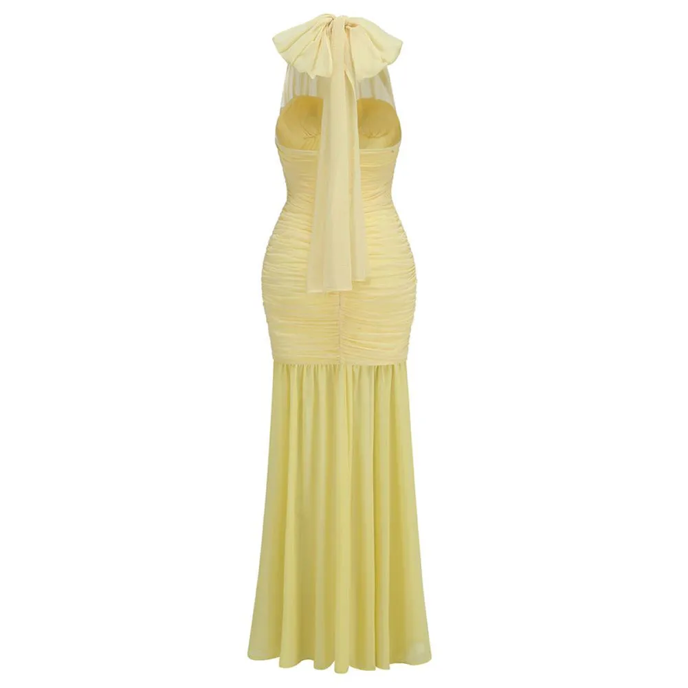 Halter Sleeveless Ruched Maxi Dress ZNSBA785