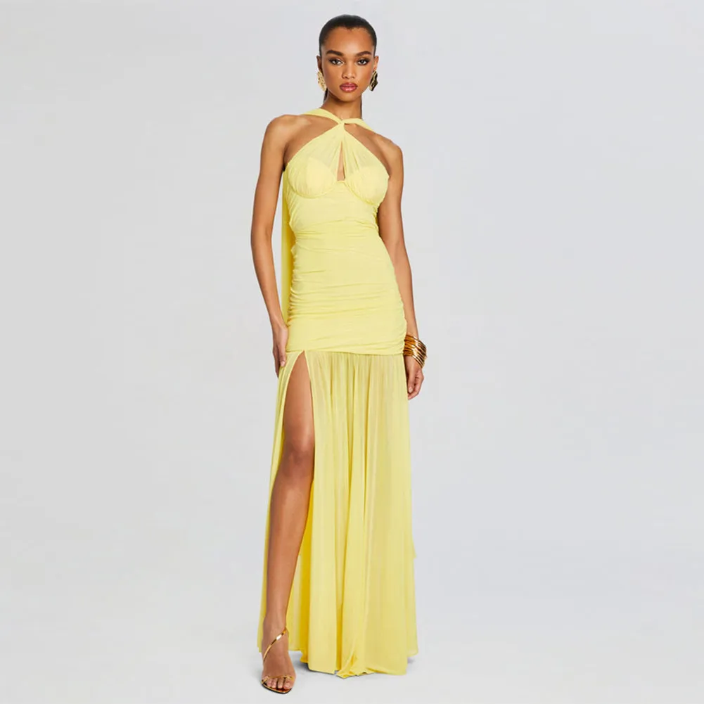 Halter Sleeveless Ruched Maxi Dress ZNSBA785