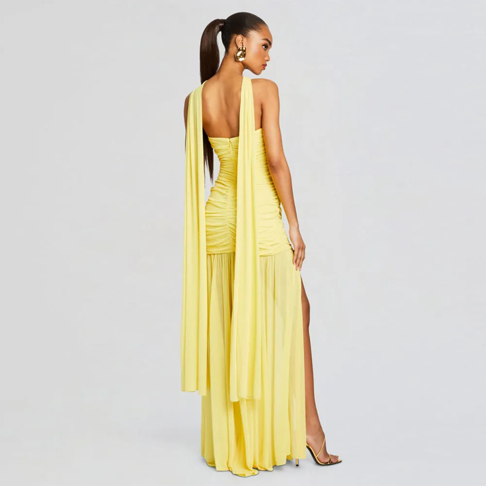 Halter Sleeveless Ruched Maxi Dress ZNSBA785