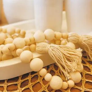 Handmade Natural Wood   Wool Beaded Tassel Garland 6 Ft - Natural