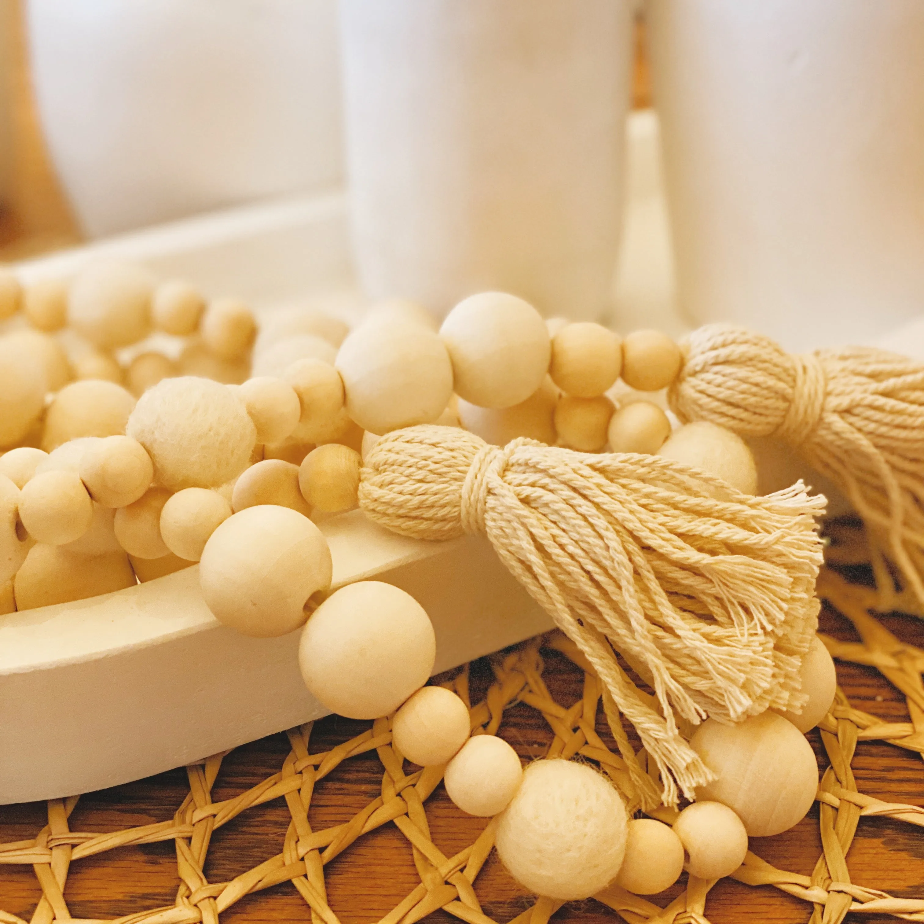 Handmade Natural Wood   Wool Beaded Tassel Garland 6 Ft - Natural