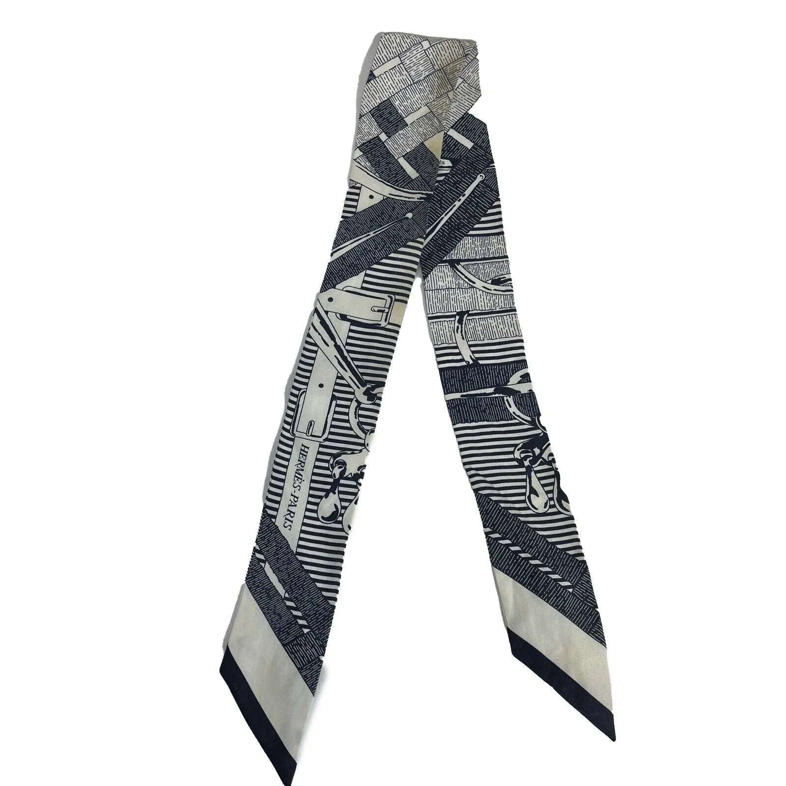 HERMES -Mors a Jouets Chemise Marine Twilly - White, Navy - Scarf - OS