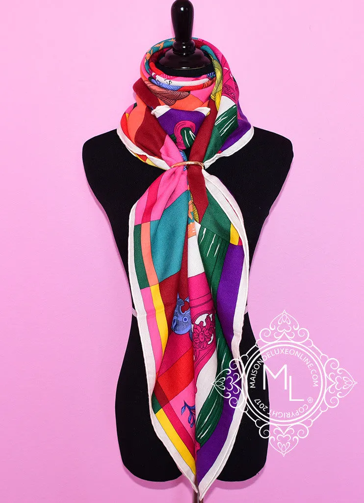Hermes "Cavalleria d'Etriers" Pink Green Cashmere 140 GM Shawl Scarf