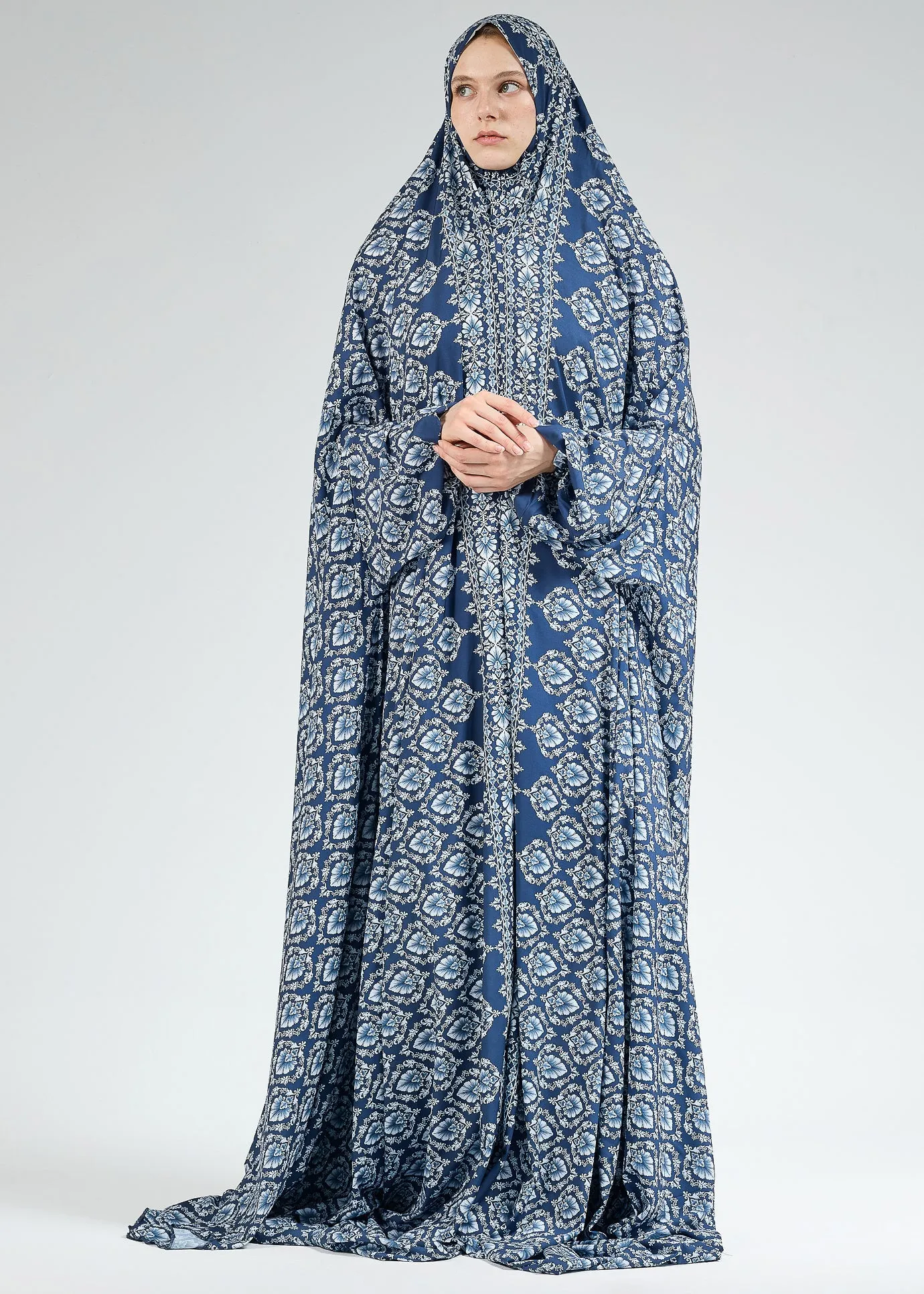 Hoor Elegant Gzhel Satin Home Prayer Gown with Elasticated Cuffs