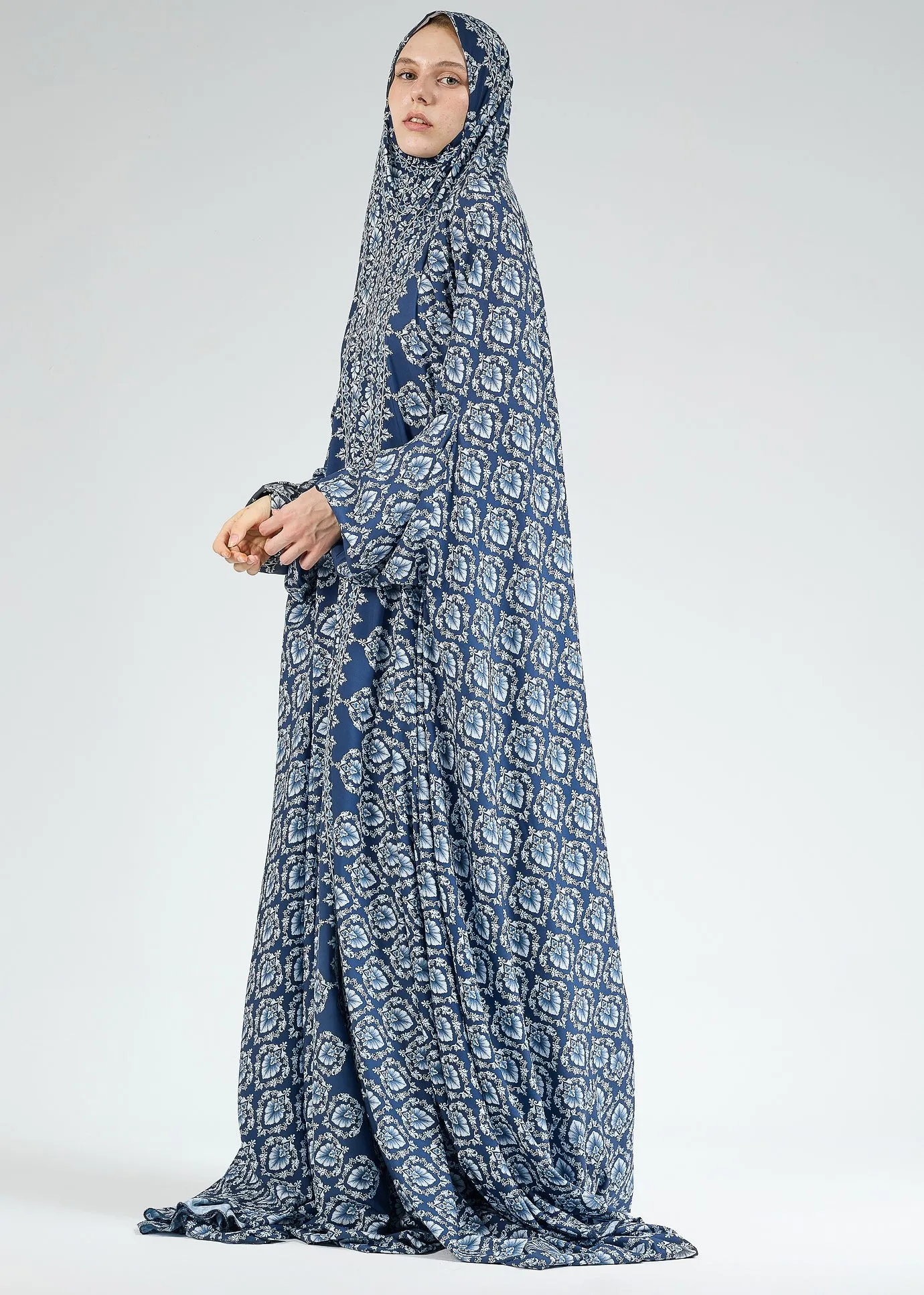 Hoor Elegant Gzhel Satin Home Prayer Gown with Elasticated Cuffs