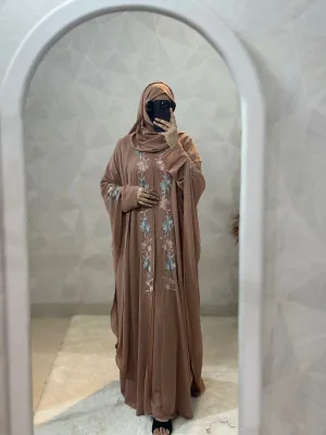 Indonesian Heavy Diamond Chiffon Beige Abaya Burqa - Floral Elegance and Dubai Style