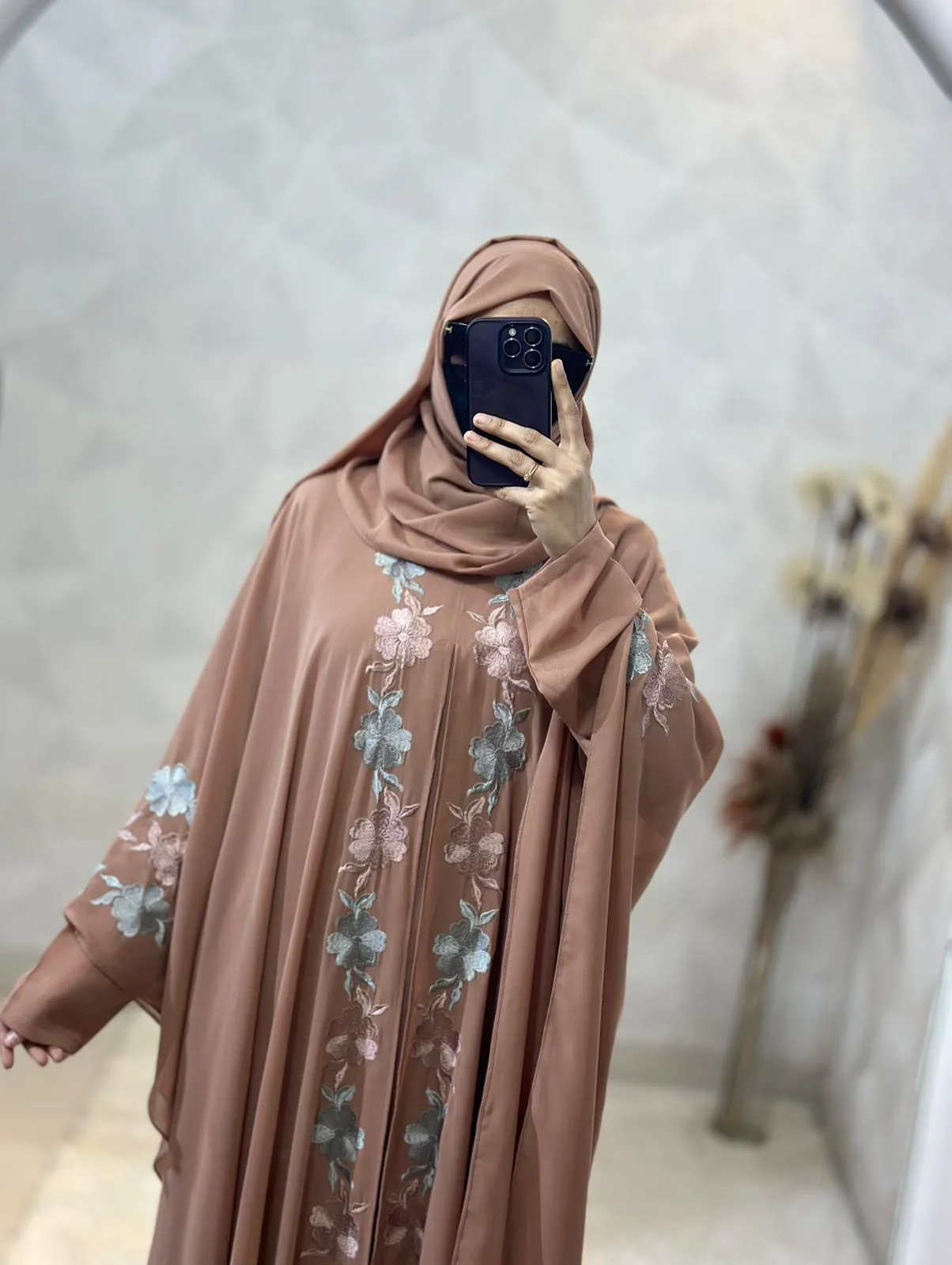 Indonesian Heavy Diamond Chiffon Beige Abaya Burqa - Floral Elegance and Dubai Style