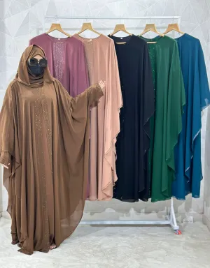 Indonesian Heavy Diamond Chiffon Solid Brown Abaya Burqa - Elegant Modest Wear