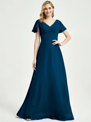 Ink Blue Ruffle Sleeve V-Neck A-Line Chiffon Empire Bridesmaid Dress