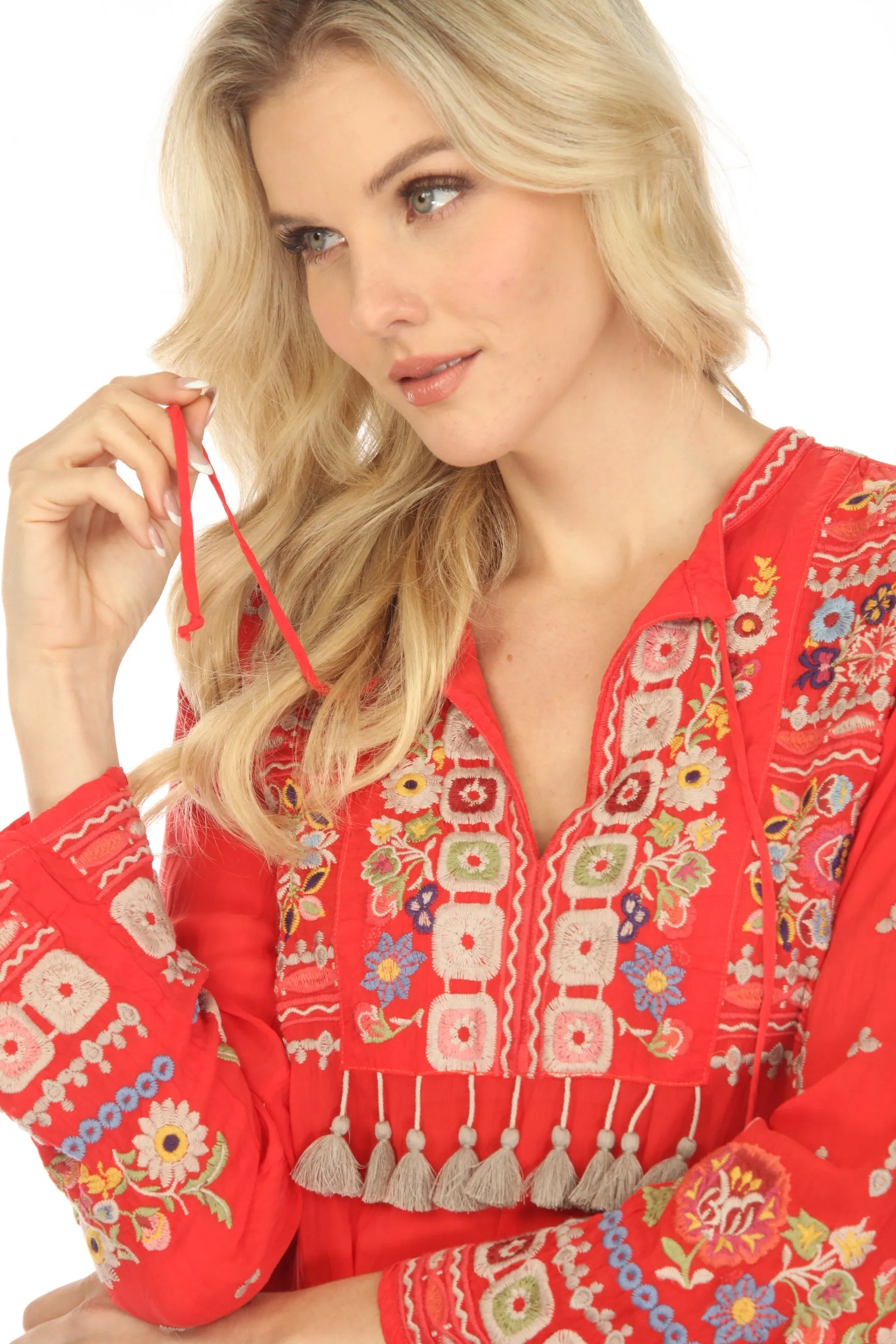 Johnny Was Red Coriander Tasseled Embroidered Blouse Boho Chic C17123