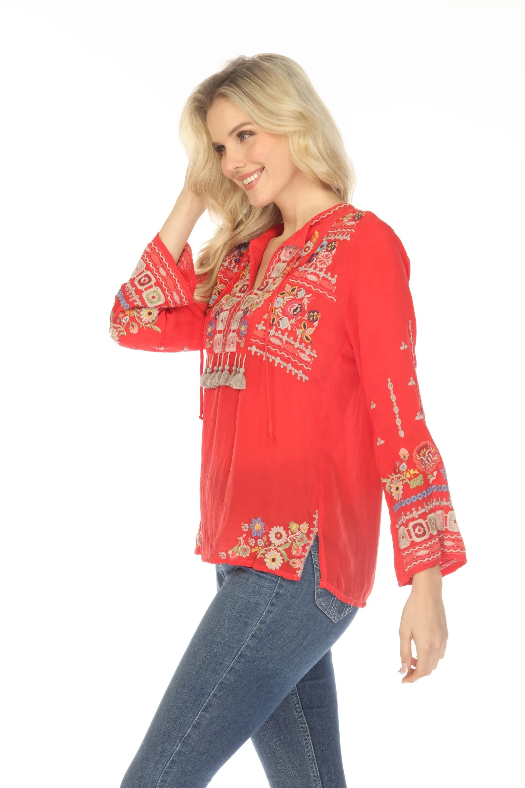 Johnny Was Red Coriander Tasseled Embroidered Blouse Boho Chic C17123