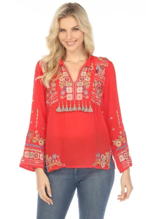 Johnny Was Red Coriander Tasseled Embroidered Blouse Boho Chic C17123