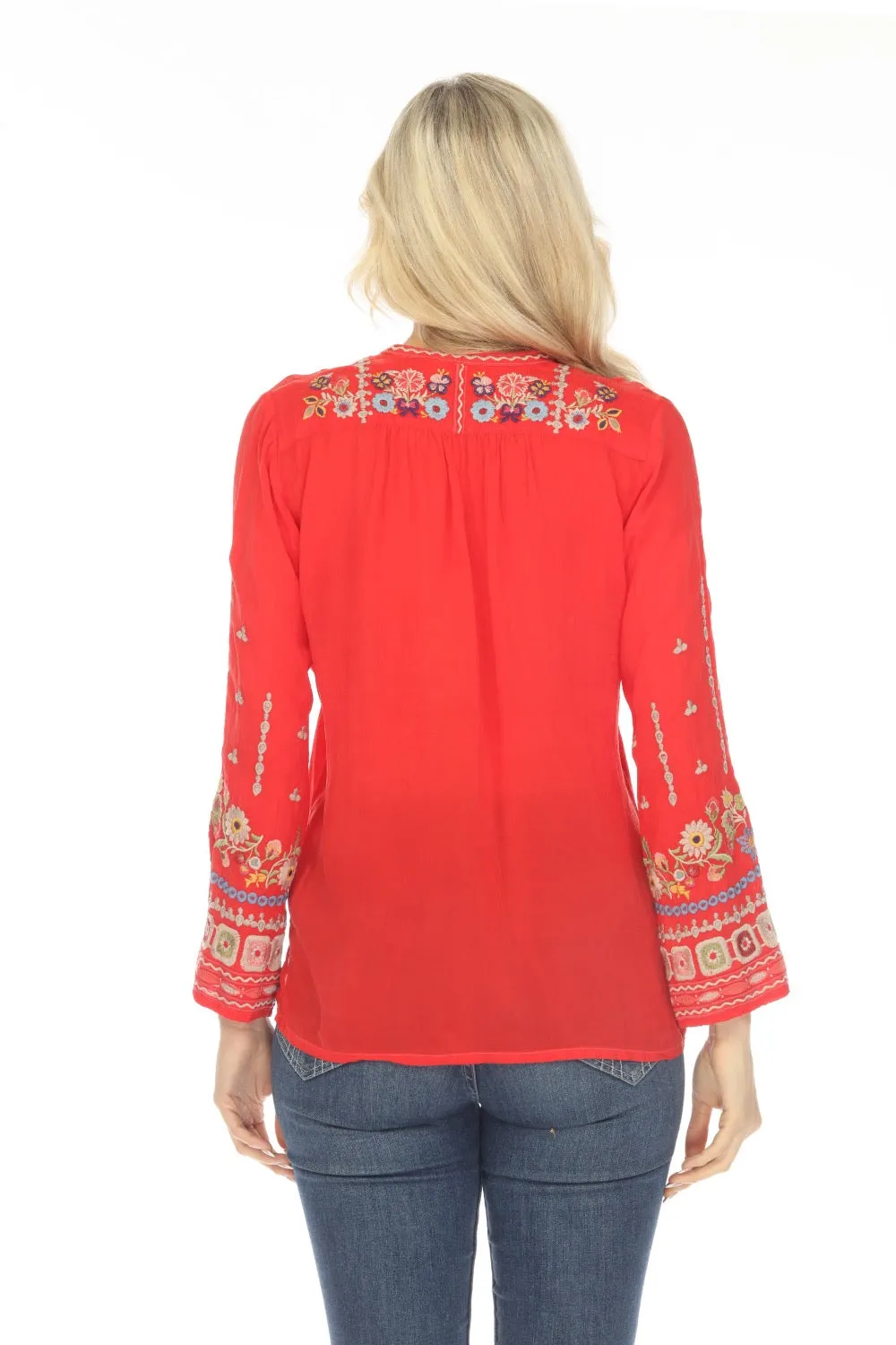 Johnny Was Red Coriander Tasseled Embroidered Blouse Boho Chic C17123